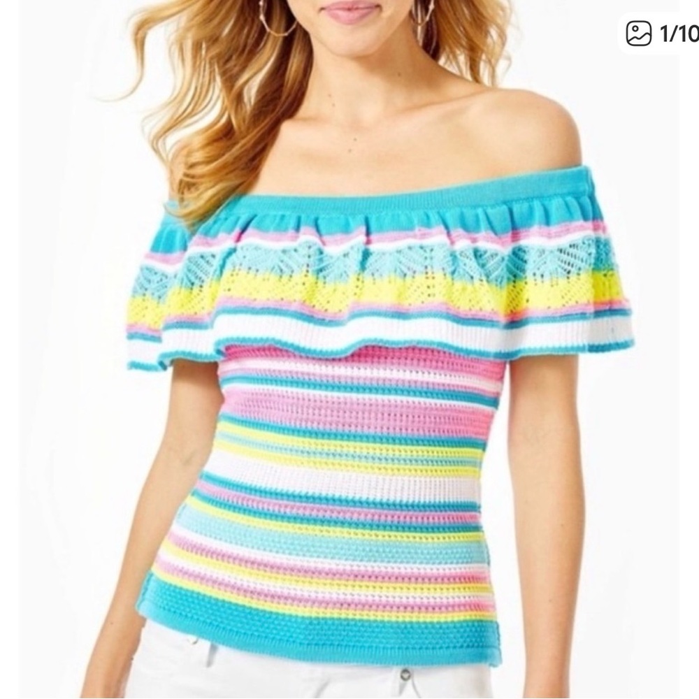 Lilly Pulitzer Canaria Striped Off Shoulder Ruffle Knit Sweater  Size XS